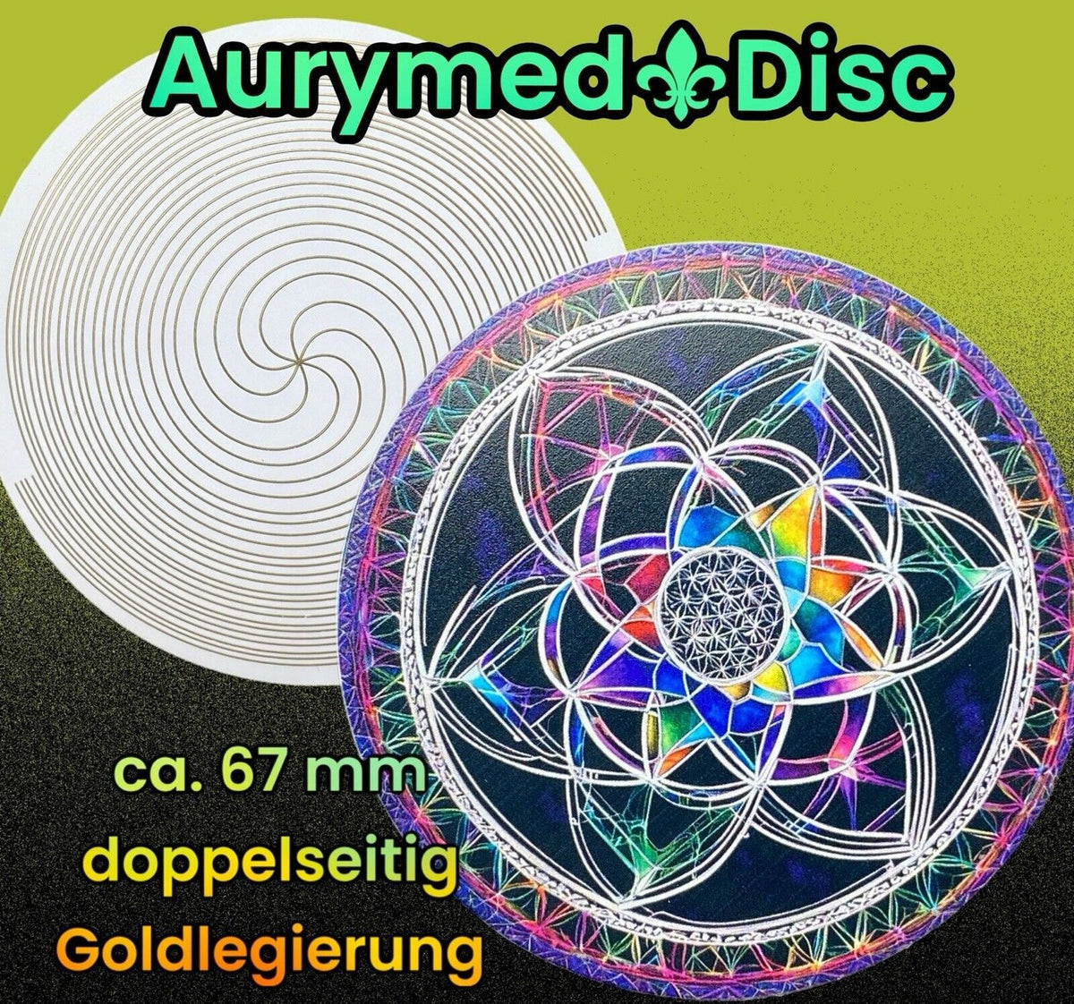 67 mm Disc – Bifilar / Fermat + Blume des Lebens + Lotus – goldlegiert – Produktansicht 1