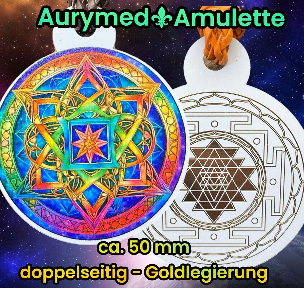 Amulett – Sri Yantra+ regenbogen Farbenden Lotus, doppelseitig, 1 Seite goldlegiert, kupferunterlegt – Produktansicht 1