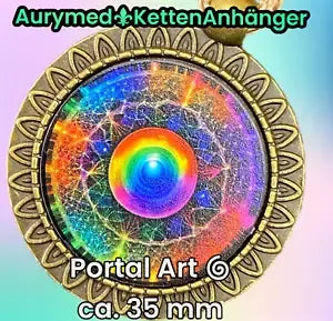 Amulett – bronzefarben, Portal mit Frequenz Muster, Disc in regenbogenfarbend 25 mm – Produktansicht 1