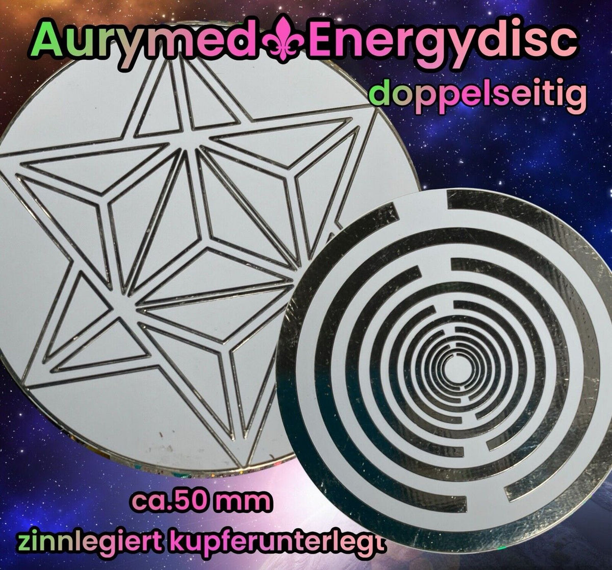 50 mm Disc – Lakhovsky MWO + Merkaba – zinnlegiert / weiß – Produktansicht 1
