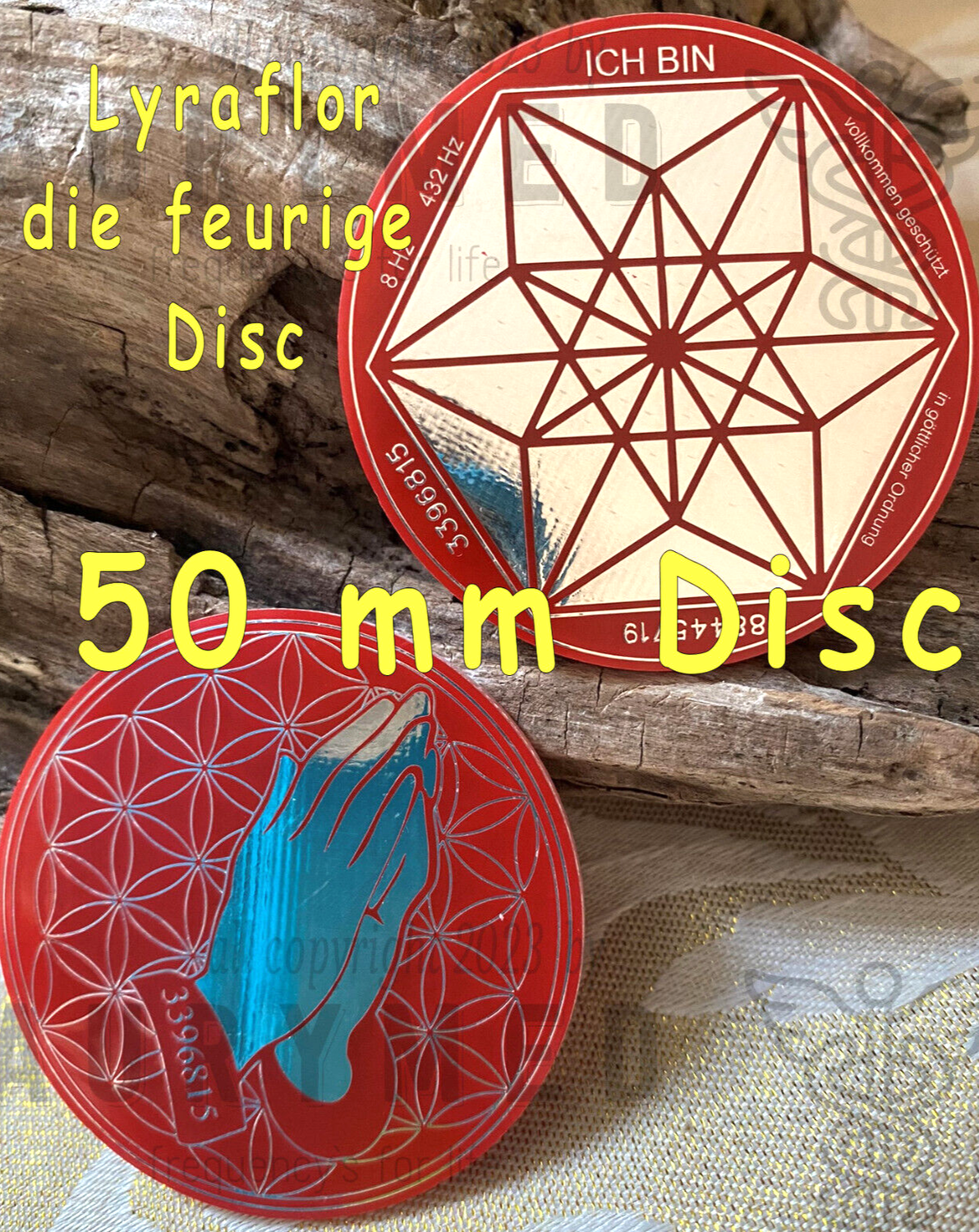 50 mm Disc 2er-Set – Vector Equilibrium + Blume des Lebens – zinnlegiert / feuerrot / rot – Produktansicht 1