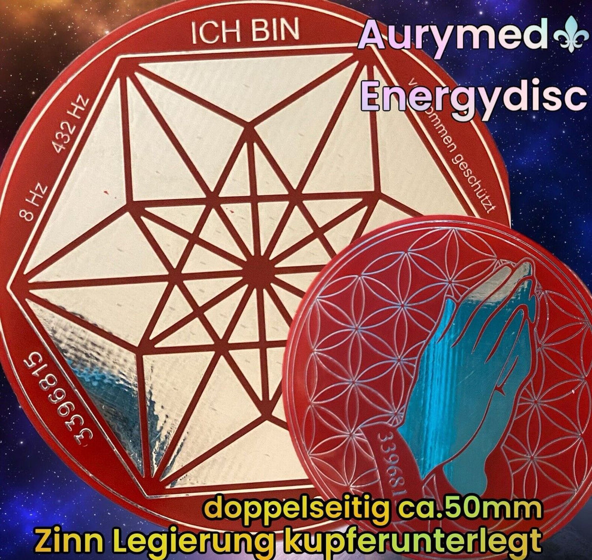 50 mm Disc 2er-Set – Vector Equilibrium + Blume des Lebens – zinnlegiert / feuerrot / rot – Produktansicht 1