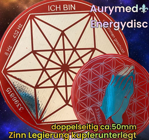 50 mm Disc 2er-Set – Vector Equilibrium + Blume des Lebens – zinnlegiert / feuerrot / rot – Produktansicht 1