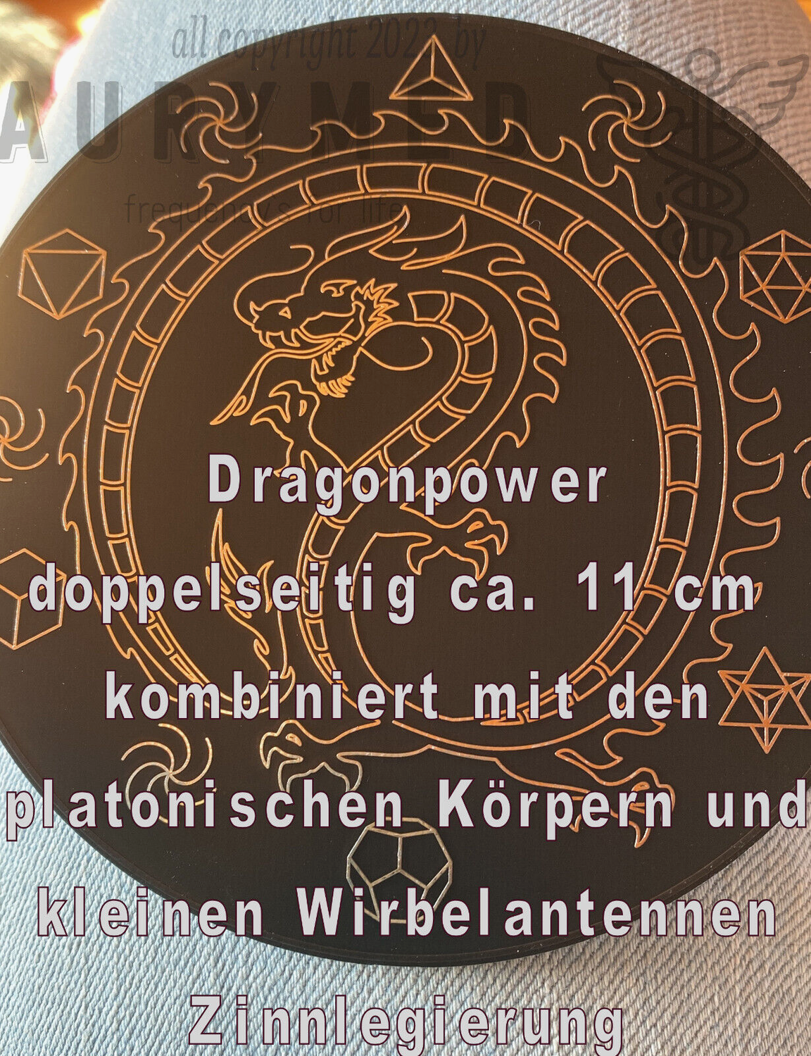 110 mm Disc – chinesischer Drache Dragon mit den platonischen Körpern – zinnlegiert / nachtschwarz / schwarz – Produktansicht