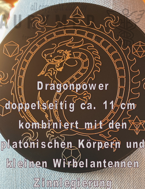 110 mm Disc – chinesischer Drache Dragon mit den platonischen Körpern – zinnlegiert / nachtschwarz / schwarz – Produktansicht