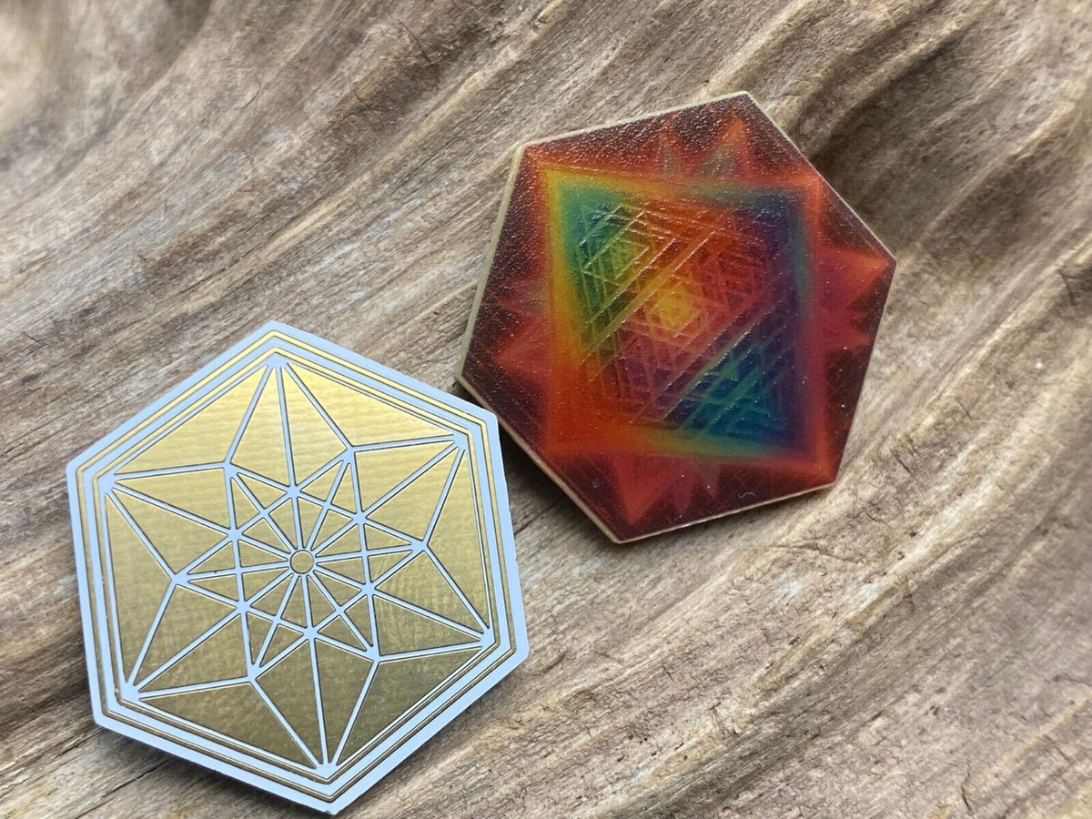 28 mm Mini Coins – Vector Equilibrium & Sri Yantra – 6-Eck – Stückzahl wählbar