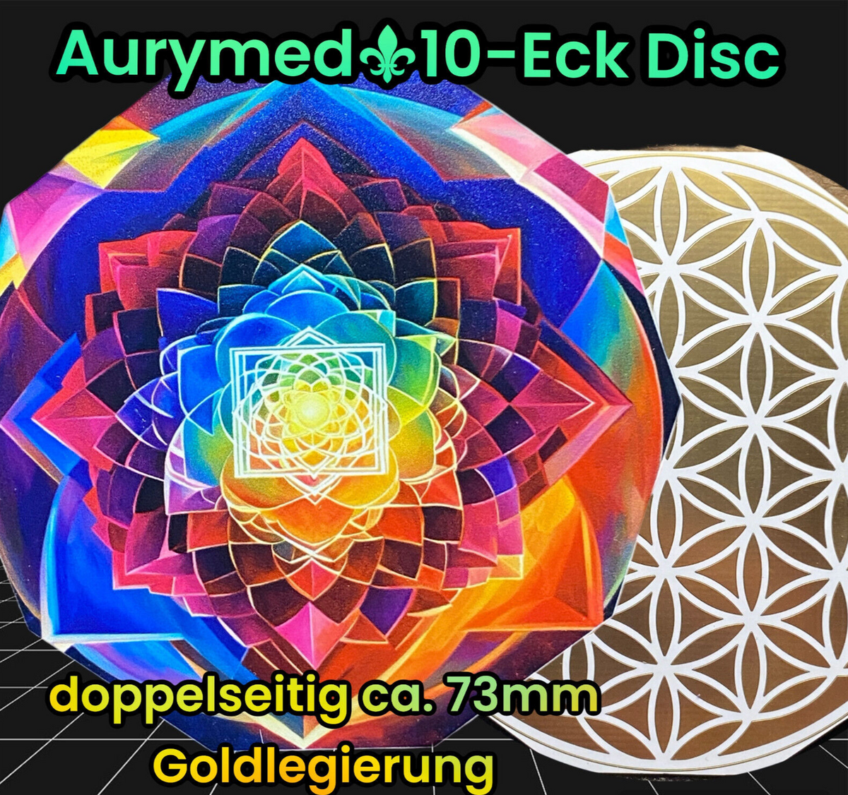 73 mm Disc 2er-Set – Blume des Lebens & Lotus – goldlegiert – bunt – Bild 1