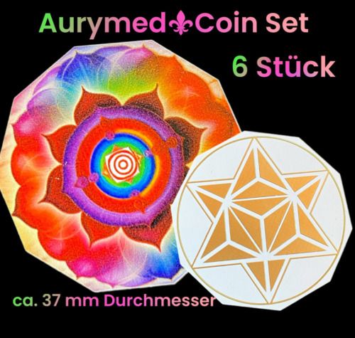 37 mm Disc 6er – Set – Merkaba+ den Regenbogen Lotus, doppelseitig, 1 Seite goldlegiert, kupferunterlegt – Produktansicht 1