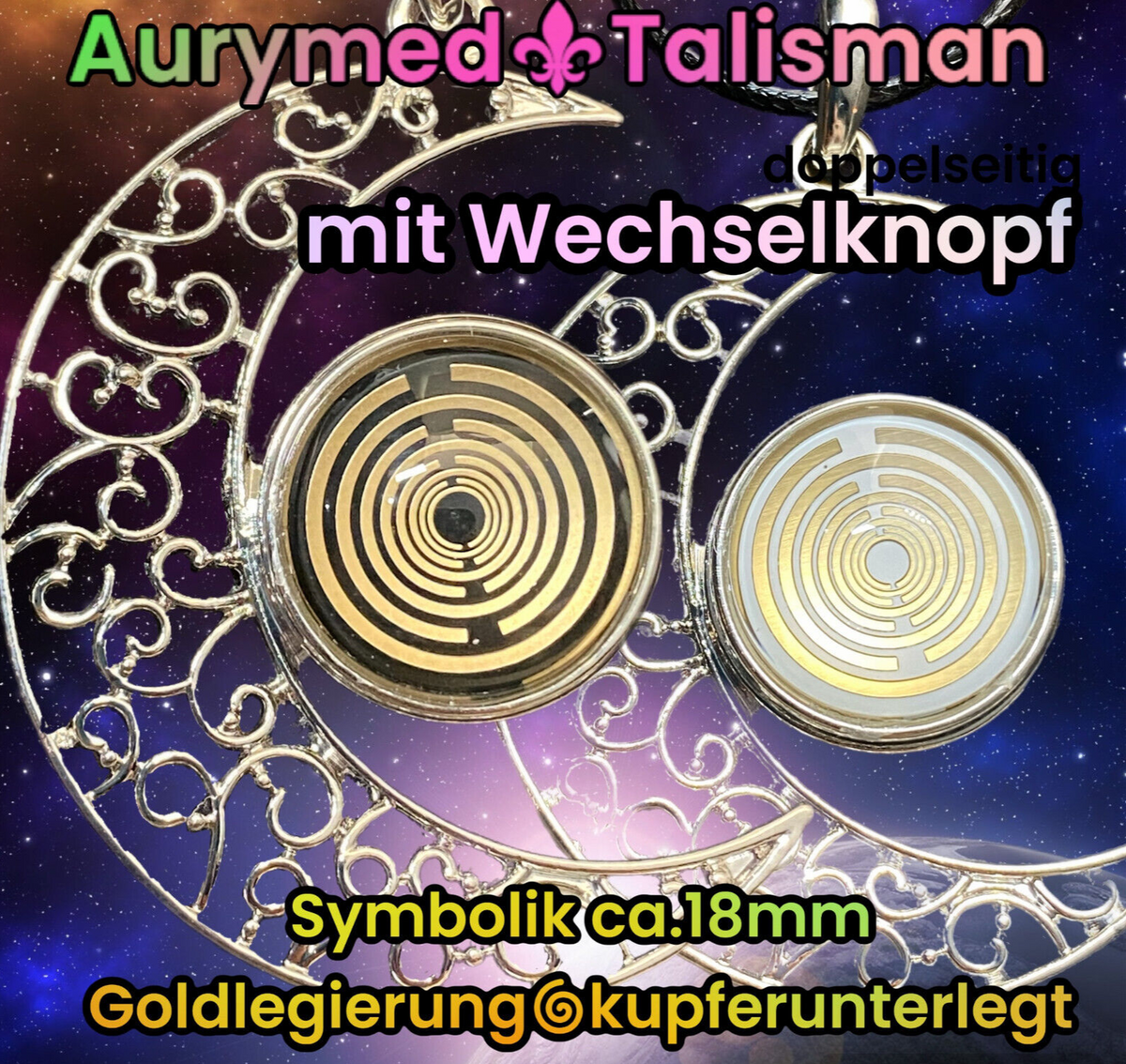 Amulett – Mond mit Wechseldruckknopf mit – Lakhovsky MWO – 18 mm / goldlegiert / schwarz – Produktansicht 1