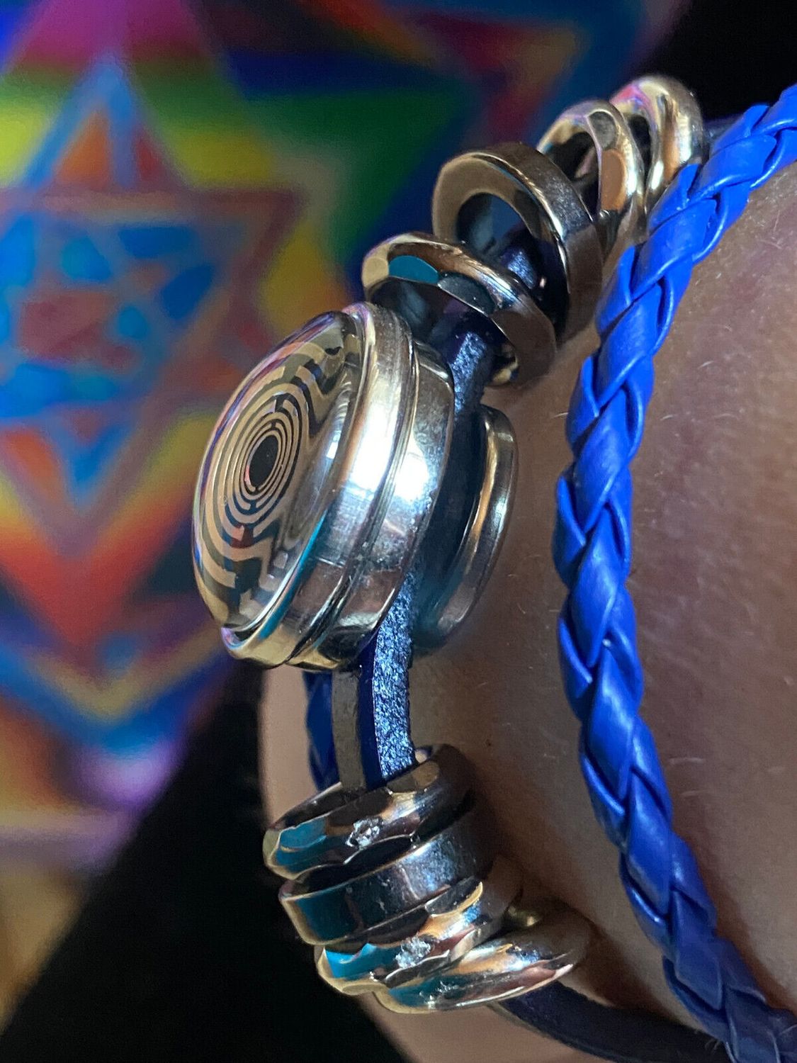 Armband-mehrsträngig, blau,mit 2x Wechseldruckknopf,Symbol Lakhovsky MWO Schwingkreis Oszillator Antenne (stromlos), Wechsel Disc ca. 18 mm hinter Glas,