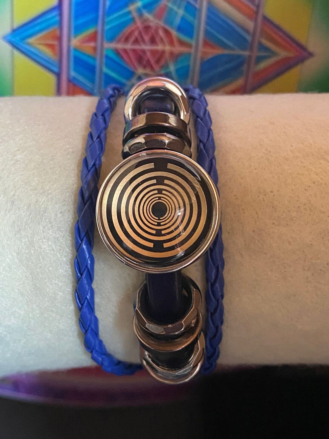Armband-mehrsträngig, blau,mit 2x Wechseldruckknopf,Symbol Lakhovsky MWO Schwingkreis Oszillator Antenne (stromlos), Wechsel Disc ca. 18 mm hinter Glas,