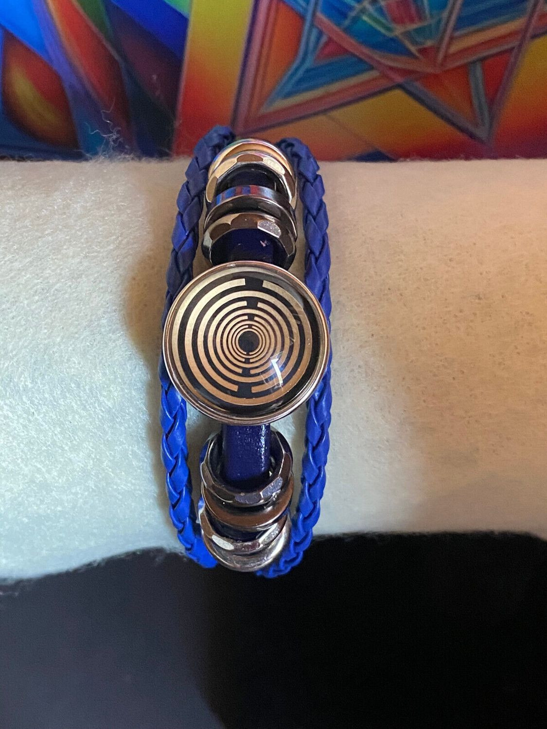 Armband-mehrsträngig, blau,mit 2x Wechseldruckknopf,Symbol Lakhovsky MWO Schwingkreis Oszillator Antenne (stromlos), Wechsel Disc ca. 18 mm hinter Glas,