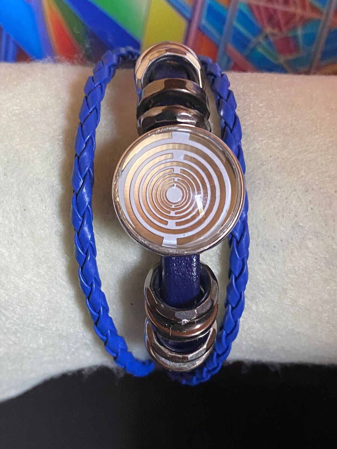 Armband-mehrsträngig, blau,mit 2x Wechseldruckknopf,Symbol Lakhovsky MWO Schwingkreis Oszillator Antenne (stromlos), Wechsel Disc ca. 18 mm hinter Glas,