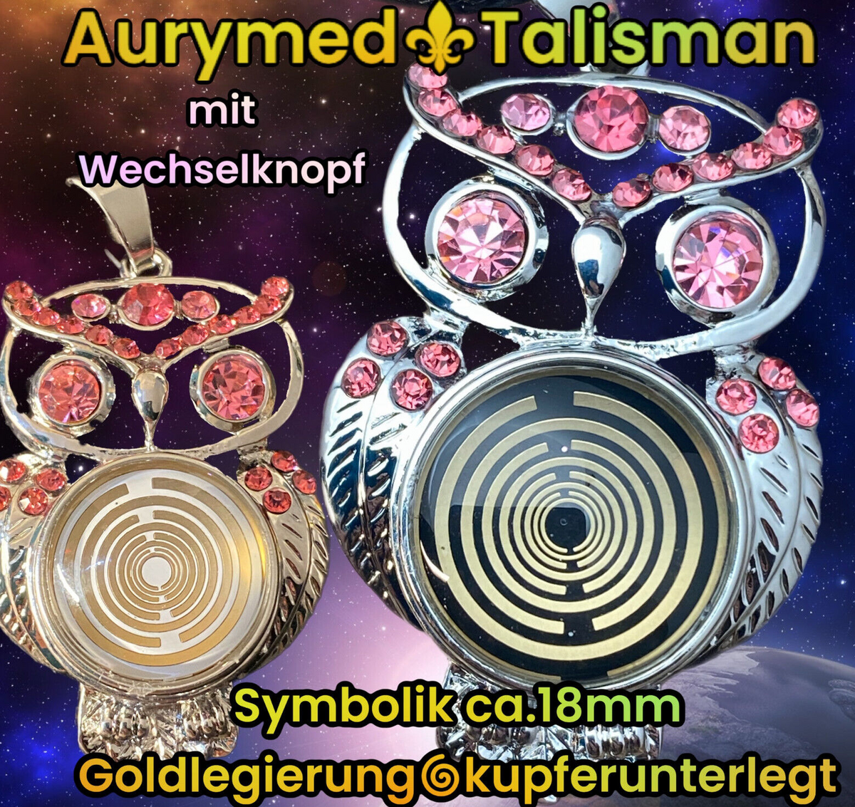 Amulett 2er-Set – Eule mit 2 Stück Wechseldruckknopf – goldlegiert / schwarz – Produktansicht 1