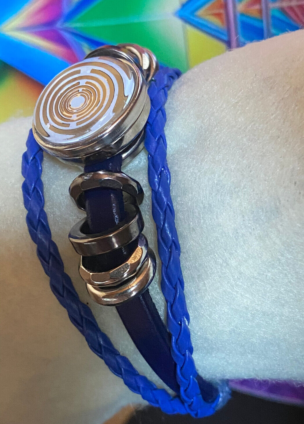 Armband-mehrsträngig, blau,mit 2x Wechseldruckknopf,Symbol Lakhovsky MWO Schwingkreis Oszillator Antenne (stromlos), Wechsel Disc ca. 18 mm hinter Glas,