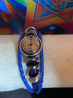 Armband-mehrsträngig, blau,mit 2x Wechseldruckknopf,Symbol Lakhovsky MWO Schwingkreis Oszillator Antenne (stromlos), Wechsel Disc ca. 18 mm hinter Glas,