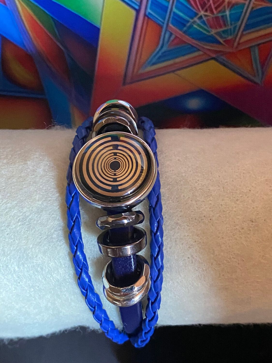 Armband-mehrsträngig, blau,mit 2x Wechseldruckknopf,Symbol Lakhovsky MWO Schwingkreis Oszillator Antenne (stromlos), Wechsel Disc ca. 18 mm hinter Glas,