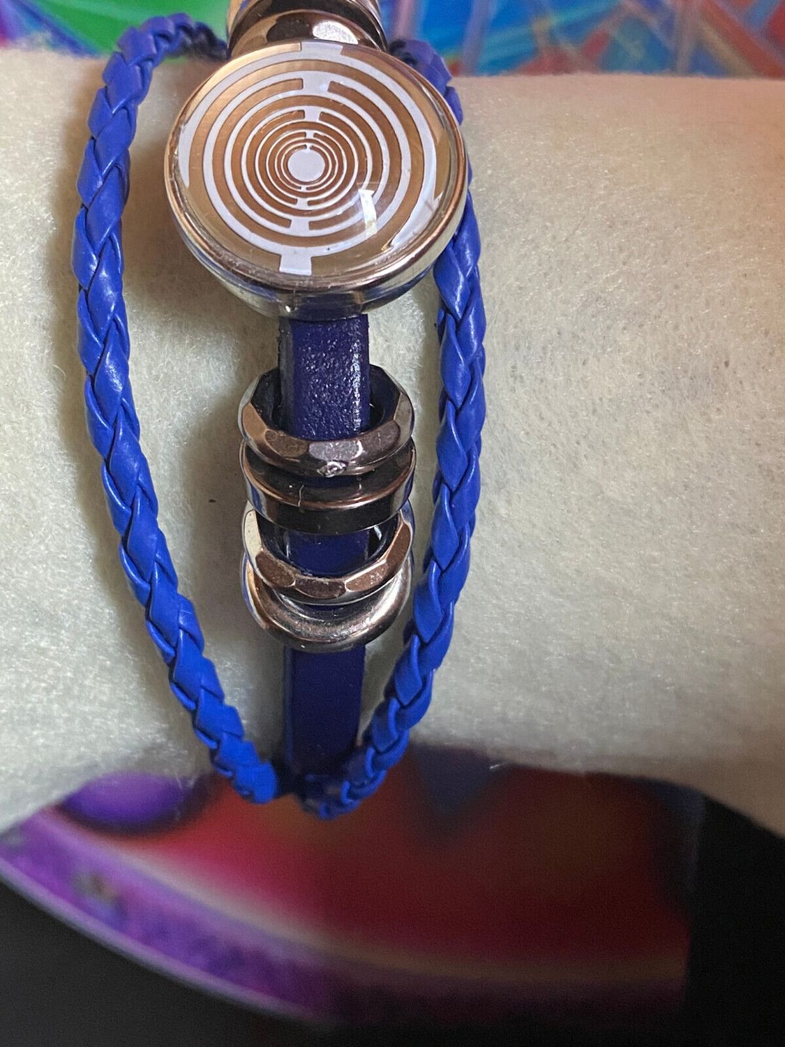 Armband-mehrsträngig, blau,mit 2x Wechseldruckknopf,Symbol Lakhovsky MWO Schwingkreis Oszillator Antenne (stromlos), Wechsel Disc ca. 18 mm hinter Glas,
