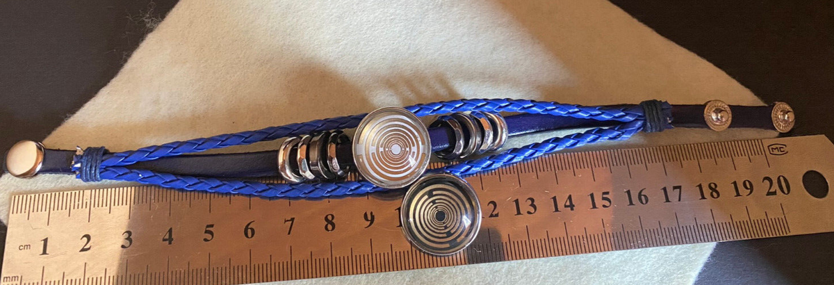 Armband-mehrsträngig, blau,mit 2x Wechseldruckknopf,Symbol Lakhovsky MWO Schwingkreis Oszillator Antenne (stromlos), Wechsel Disc ca. 18 mm hinter Glas,