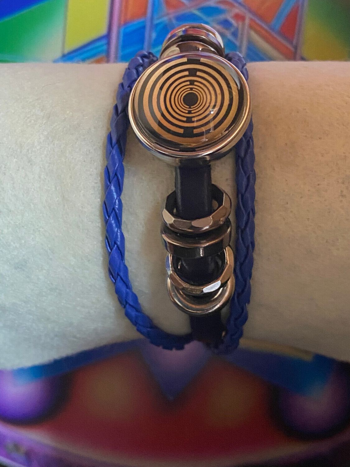 Armband-mehrsträngig, blau,mit 2x Wechseldruckknopf,Symbol Lakhovsky MWO Schwingkreis Oszillator Antenne (stromlos), Wechsel Disc ca. 18 mm hinter Glas,