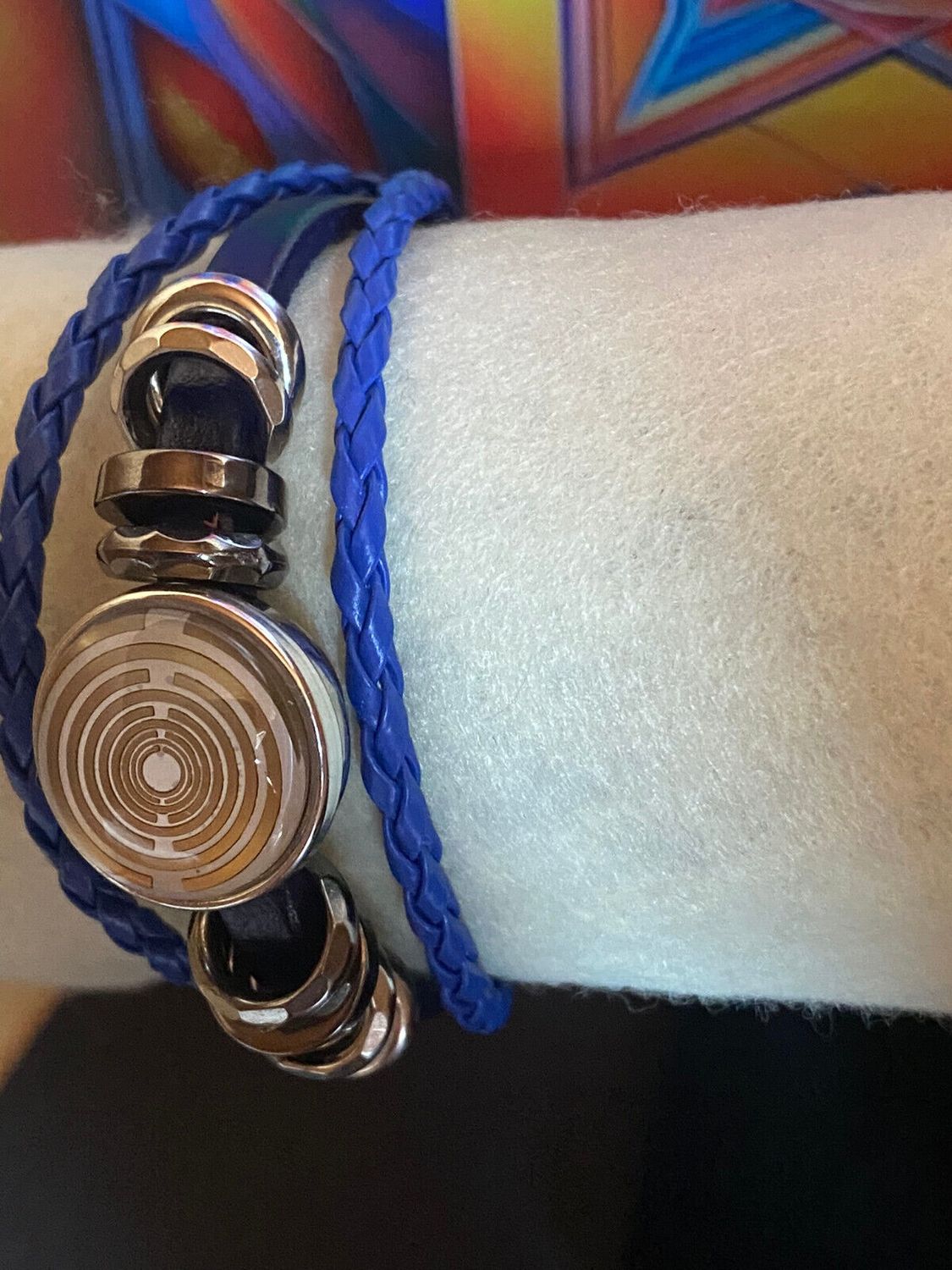 Armband-mehrsträngig, blau,mit 2x Wechseldruckknopf,Symbol Lakhovsky MWO Schwingkreis Oszillator Antenne (stromlos), Wechsel Disc ca. 18 mm hinter Glas,