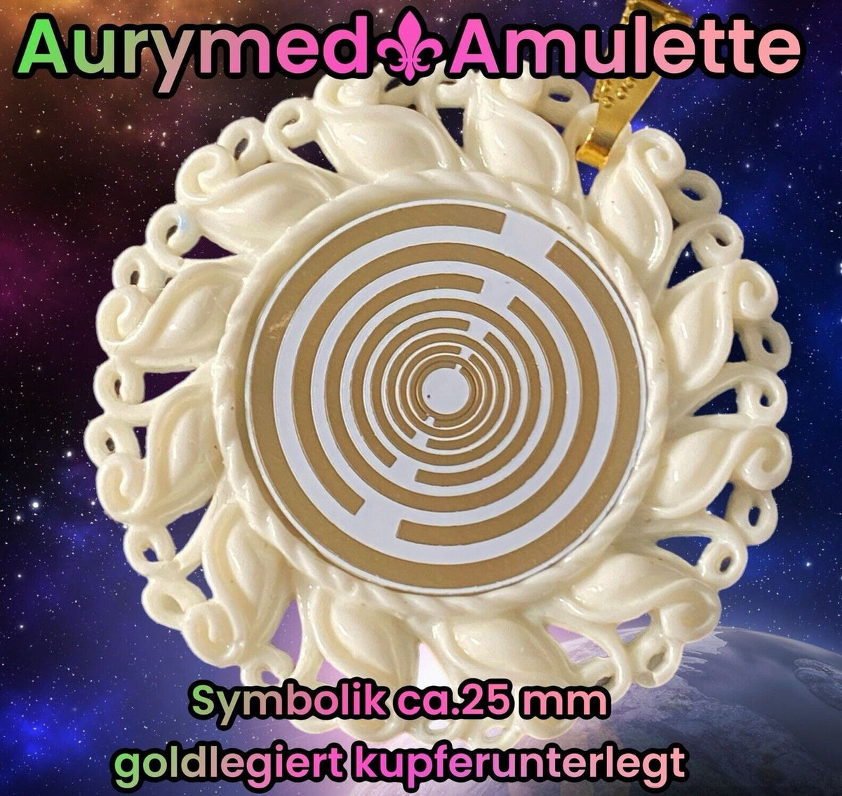 Amulett – Resin Harz Art – Lakhovsky MWO – 25 mm / goldlegiert / weiß – Produktansicht 1