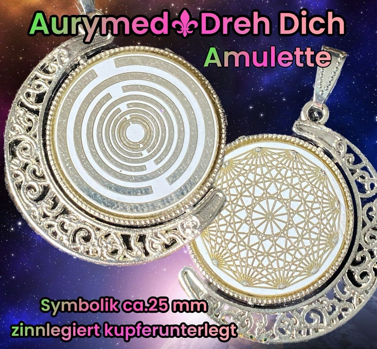 Amulett 2er-Set – Dreh – /Wende – Medaillon Mond – Lakhovsky MWO + Dodecagram – 25 mm / zinnlegiert – Produktansicht 1
