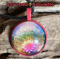 Amulett – rosa, Lotus Blüte mit der Blume des Lebens, Disc hinter Glas in bunt, 25 mm, kupferunterlegt – Produktansicht 1