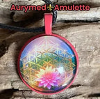 Amulett – rosa, Lotus Blüte mit der Blume des Lebens, Disc hinter Glas in bunt, 25 mm, kupferunterlegt – Produktansicht 1