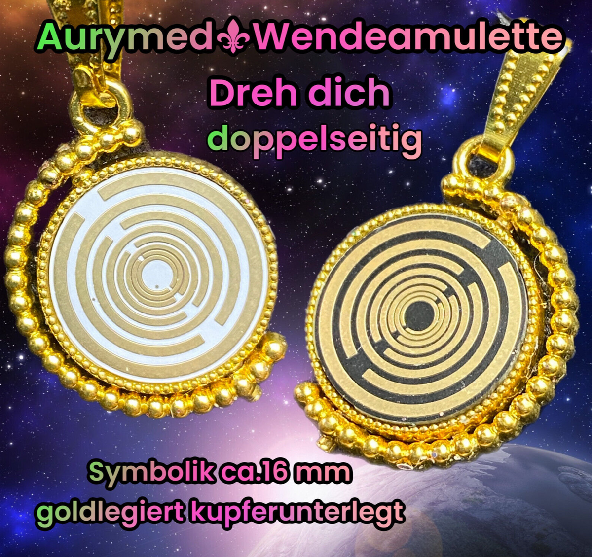 Amulett – Dreh – /Wende Anhänger goldfarben – Lakhovsky MWO – 16 mm / goldlegiert / schwarz – Produktansicht 1