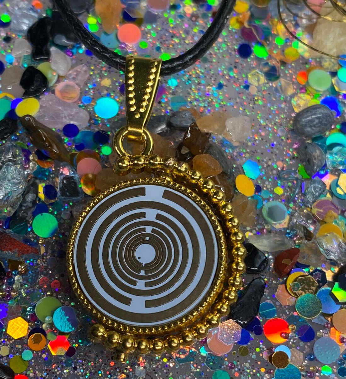 Amulett – Dreh – /Wende Anhänger goldfarben – Lakhovsky MWO – 16 mm / goldlegiert / schwarz – Produktansicht 1