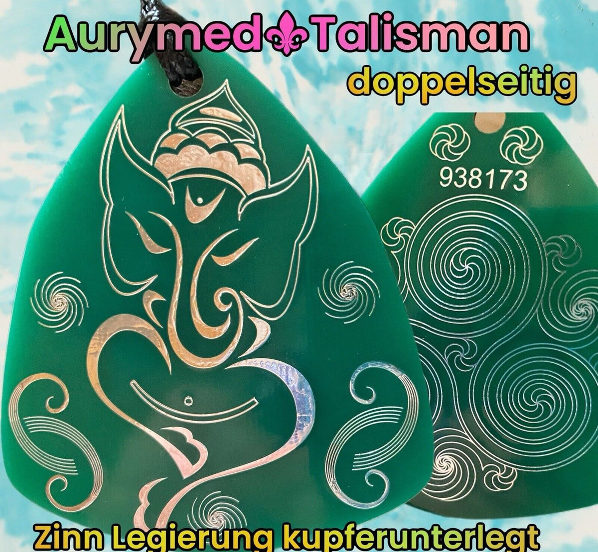 Amulett – Disc – Ganesha der Glücksbote+ die – 69 mm / zinnlegiert / grün – Produktansicht 1