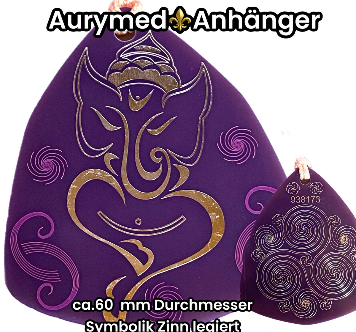 Amulett – Disc – Ganesha der Glücksbote+ die – 69 mm / zinnlegiert / flieder lila – Produktansicht 1