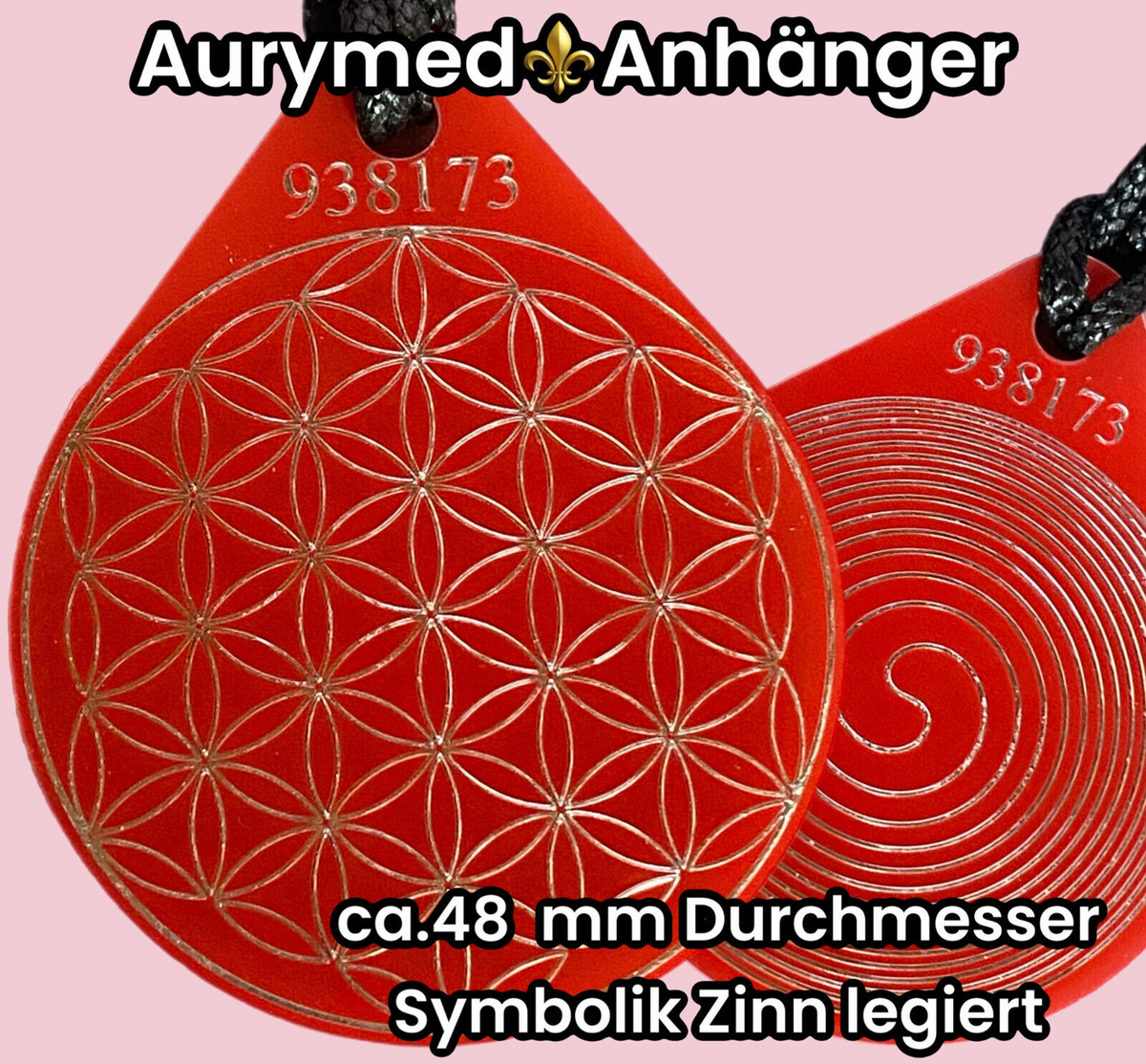 Anhänger Blume des Lebens – Bifilar Spule, rot, ca. 40 mm x 48 mm, zinnlegiert – Produktansicht 1