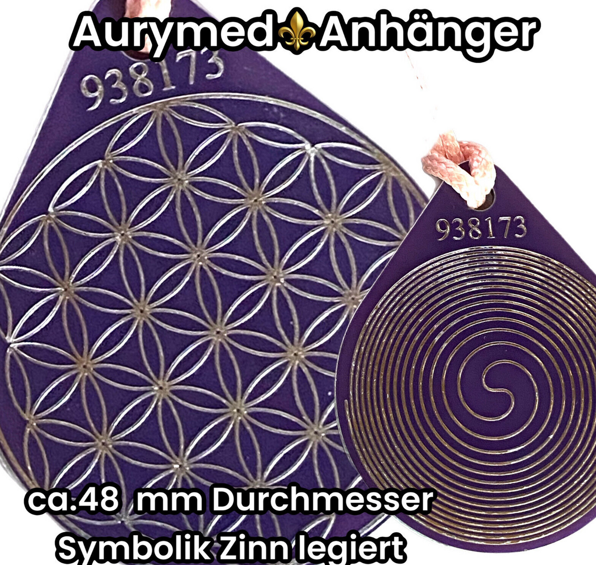 Anhänger Blume des Lebens – Bifilar Spule, flieder lila, ca. 40 mm x 48 mm, zinnlegiert – Produktansicht 1