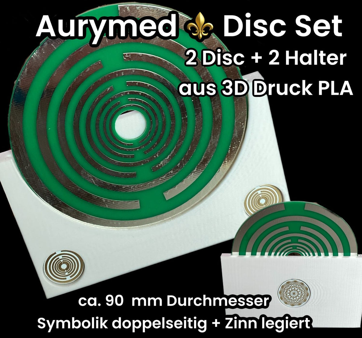 90 mm Disc 2er-Set – Lakhovsky MWO – 2× PLA-Halter / zinnlegiert / grün – Produktansicht 1