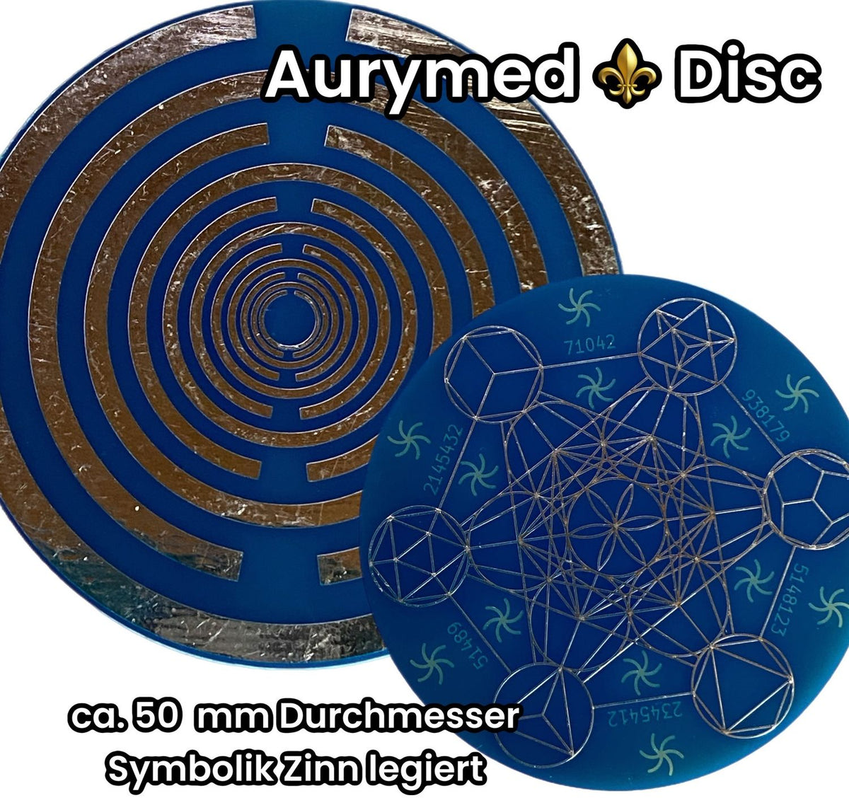50 mm Disc – 1 Stück Metatron+ die MWO Lakhovsky MWO doppelseitig, blau, zinnlegiert, kupferunterlegt – Produktansicht 1