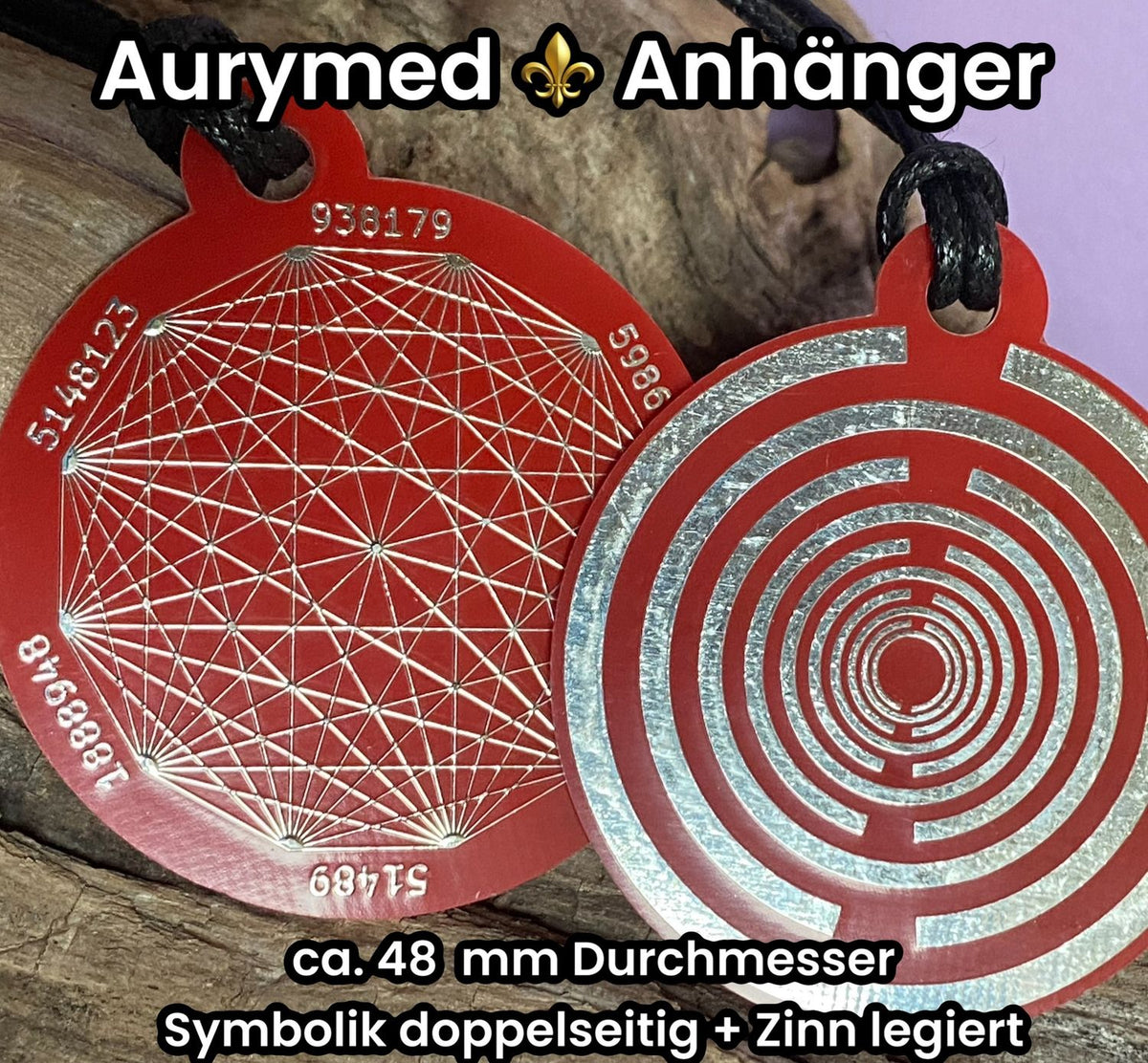 Amulett – Disc ca. 48x58 mm – Lakhovsky MWO + Dodecagram – 58 mm / zinnlegiert / rot – Produktansicht 1