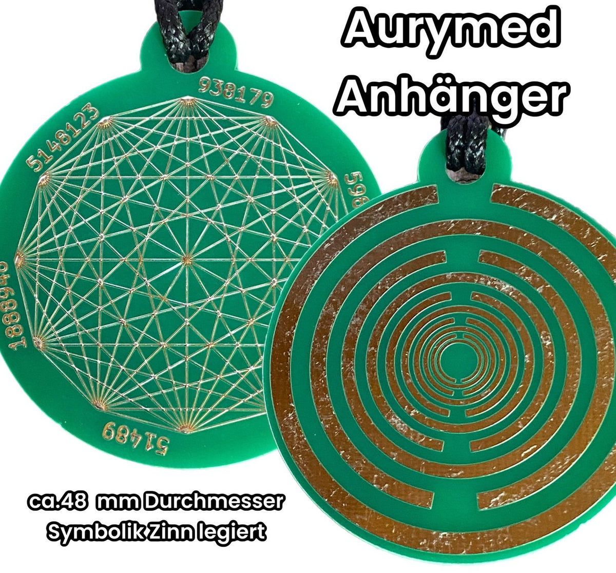 Amulett – Disc ca. 48x58 mm – Lakhovsky MWO + Dodecagram – 58 mm / zinnlegiert / grün – Produktansicht 1
