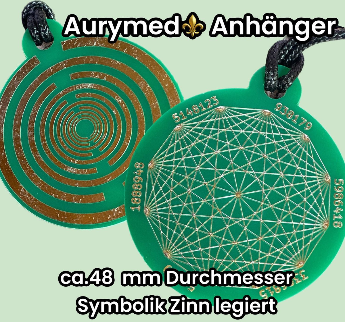 Amulett – Disc ca. 48x58 mm – Lakhovsky MWO + Dodecagram – 58 mm / zinnlegiert / grün – Produktansicht 1