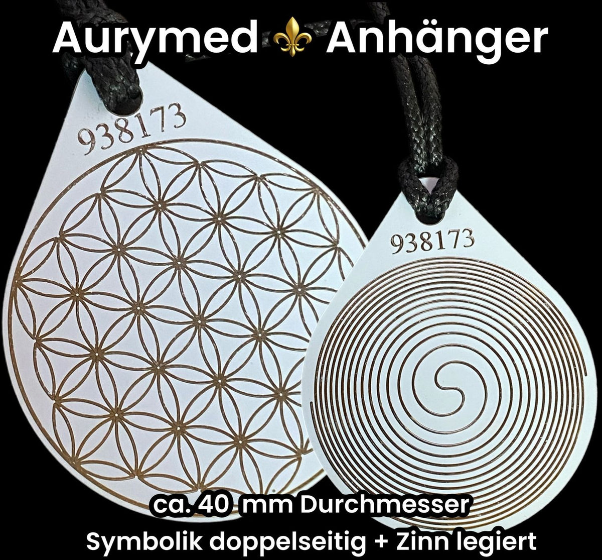 Anhänger Blume des Lebens – Bifilar Spule, ultraweis, ca. 40 mm x 48 mm, zinnlegiert – Produktansicht 1