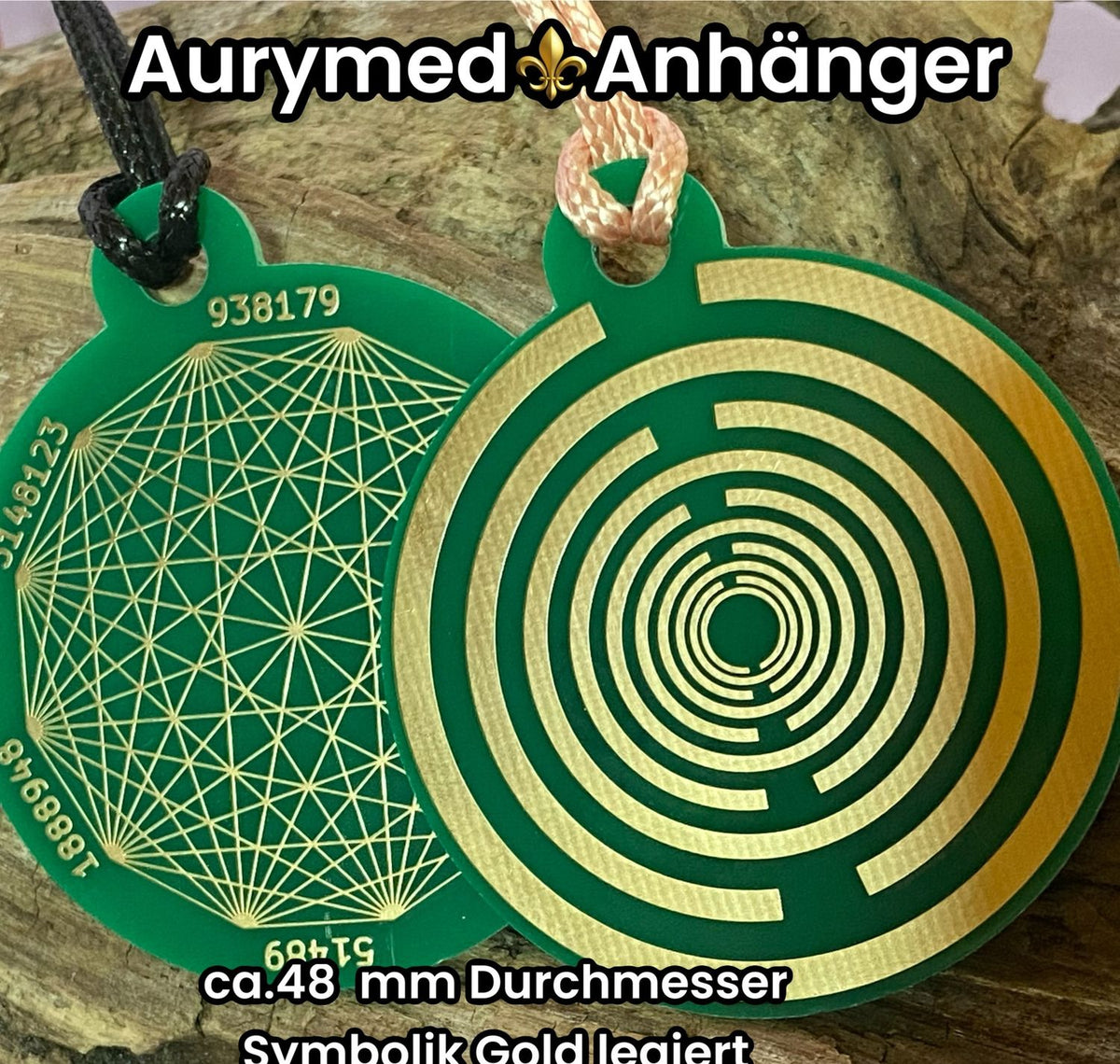 Amulett – Disc ca. 48x58 mm – Lakhovsky MWO + Dodecagram – 58 mm / goldlegiert / grün – Produktansicht 1