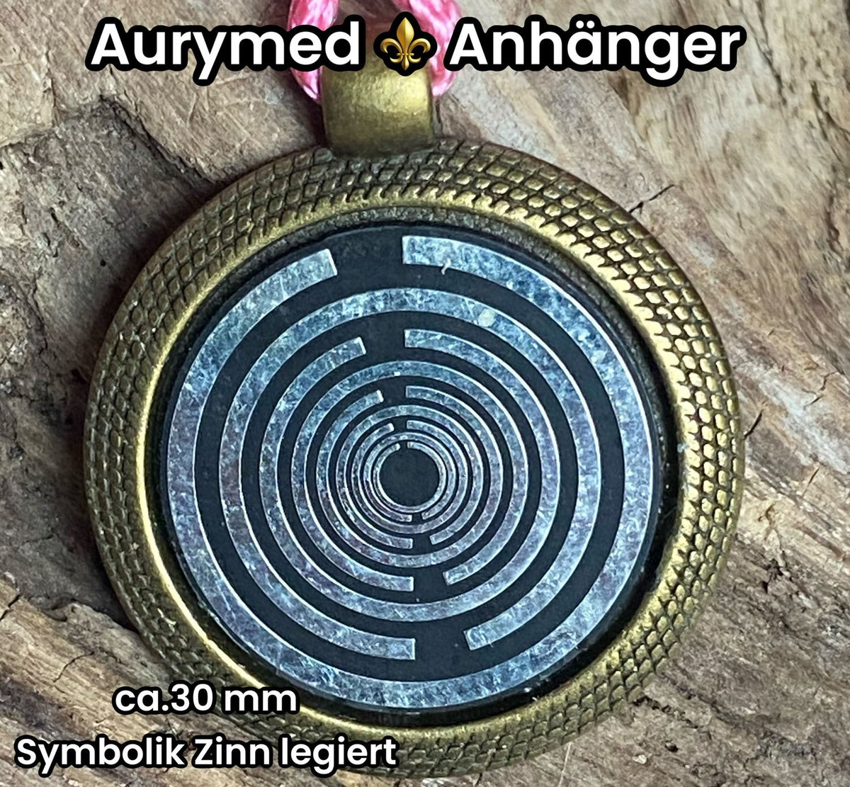 Amulett – bronzefarben, Lakhovsky MWOn Symbol, Disc in schwarz 25 mm, zinnlegiert, kupferunterlegt – Produktansicht 1
