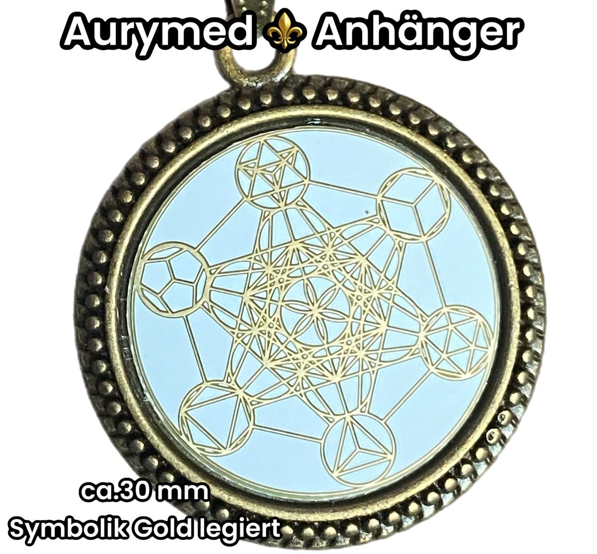 Amulett – bronzefarben, Metatron, Disc in weis 25 mm, goldlegiert, kupferunterlegt – Produktansicht 1