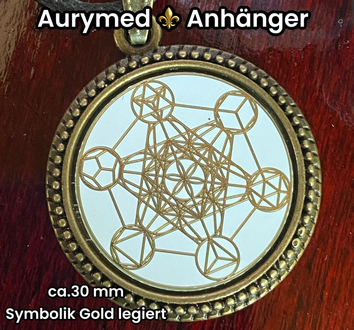 Amulett – bronzefarben, Metatron, Disc in weis 25 mm, goldlegiert, kupferunterlegt – Produktansicht 1