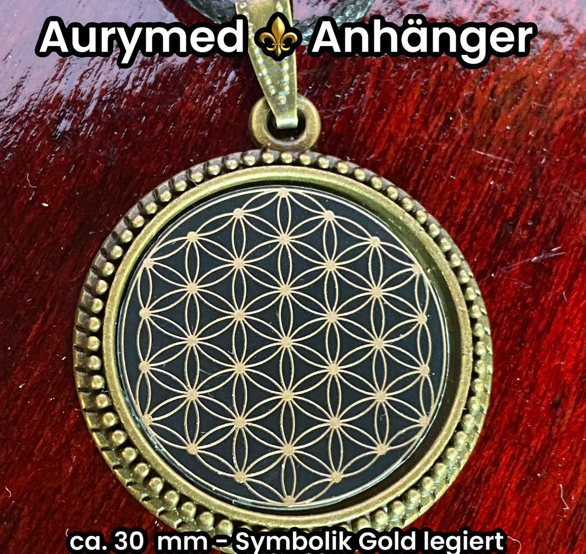 Amulett – Blume des Lebens – 25 mm / goldlegiert / schwarz – Produktansicht 1