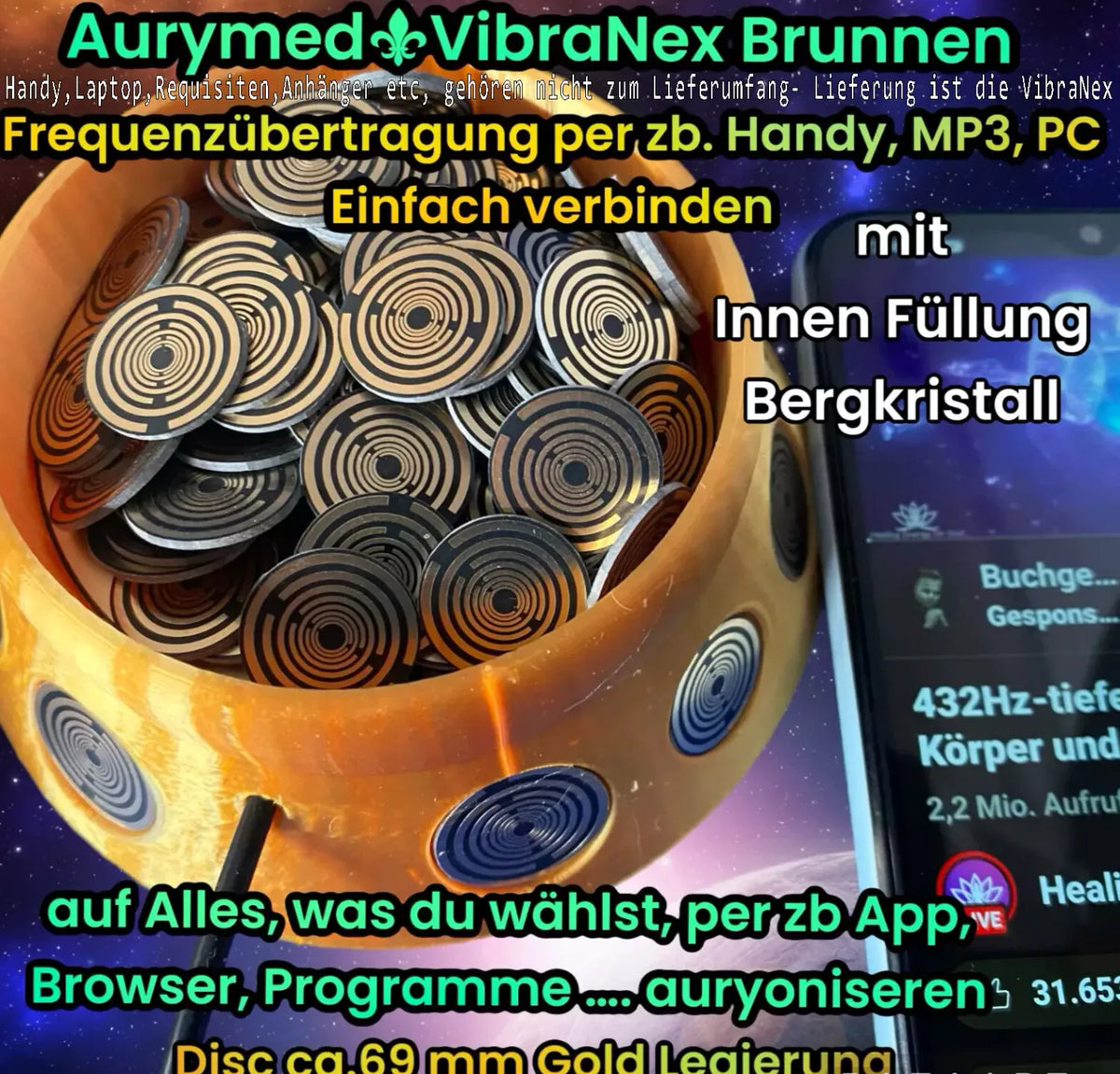 69 mm VibraNex Brunnen – silk golden, Oberflächenplatte goldlegiert, Füllung Bergkristall – Produktansicht 1
