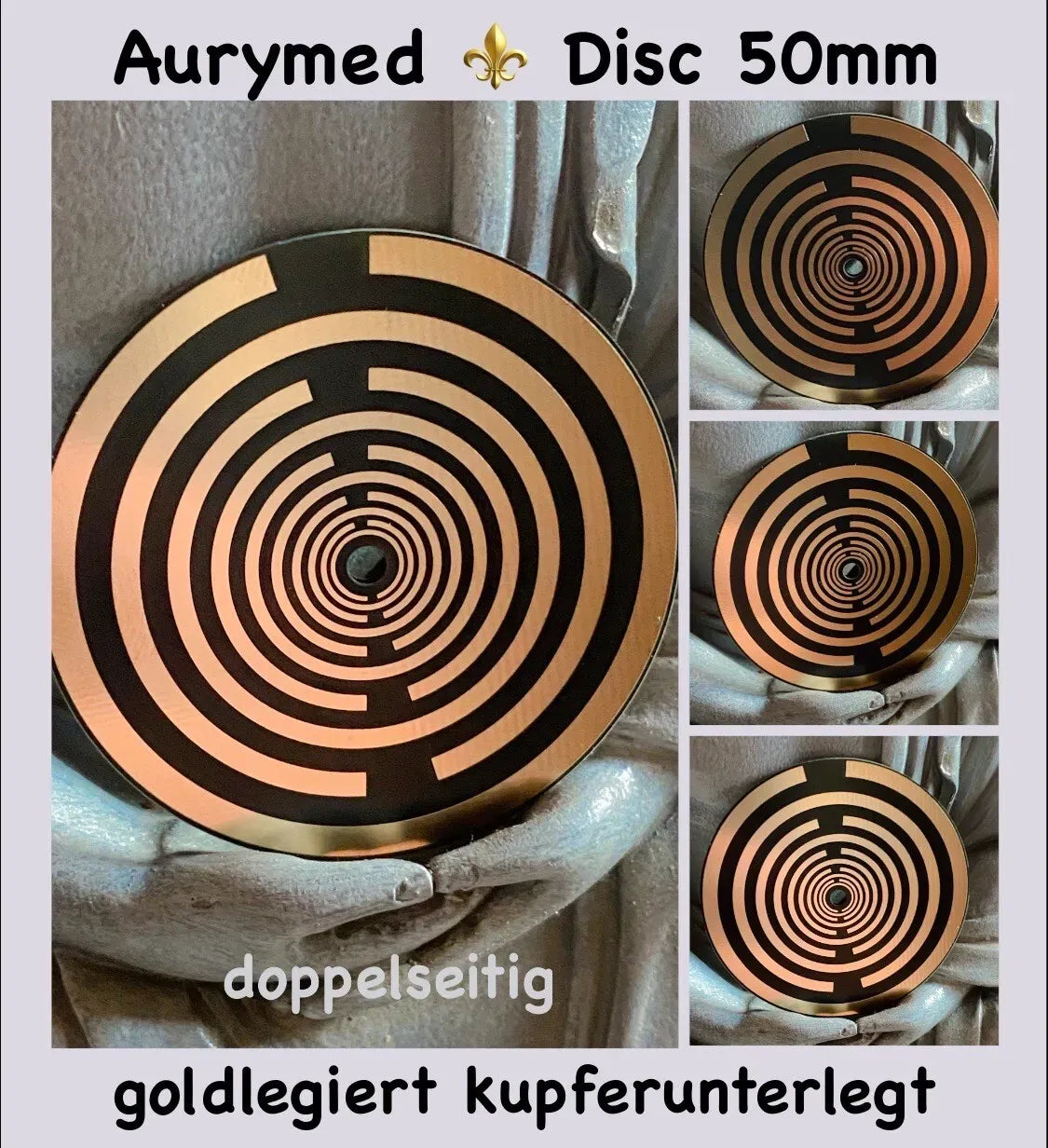 50 mm Disc – 1 Stück – MWO Lakhovsky MWO doppelseitig, schwarz, Symbolik goldlegiert, kupferunterlegt – Produktansicht 1