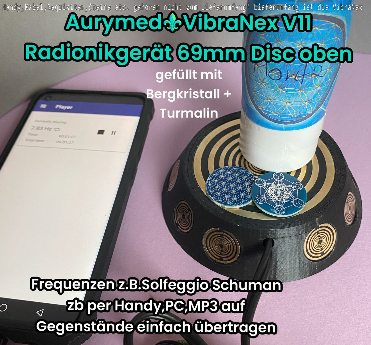 69 mm VibraNex UFO – schwarz, Oberflächenplatte goldlegiert, Füllung Bergkristall & Turmaline – Produktansicht 1