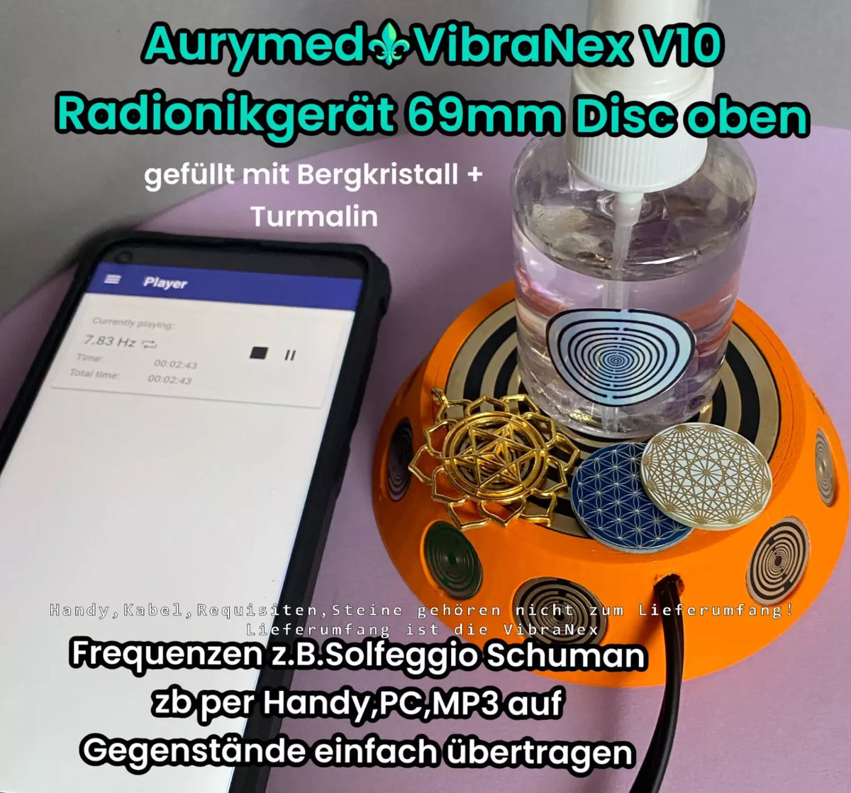 69 mm VibraNex UFO – orange, Oberflächenplatte goldlegiert, Füllung Bergkristall & Turmalin – Produktansicht 1